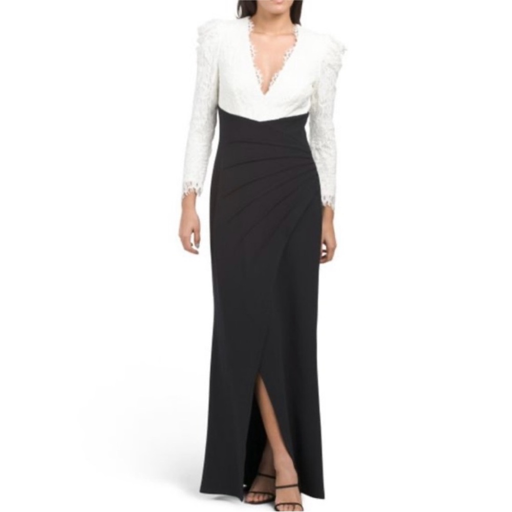 TADASHI SHOJI Ivory White Black Marshal Crepe Lace Maxi Formal Evening Gown 6